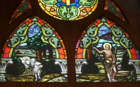 A stained glass image of Jesus the Good Shepherd is pictured at Jesus the Divine Word Church in Huntingtown, Maryland, May 6, 2021. (CNS/Bob Roller)