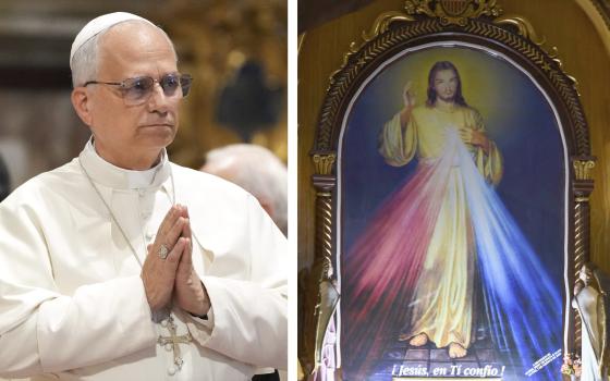 Pope Leo XIV is pictured gesturing in prayer at the Vatican in a combination photo with an image of the Divine Mercy at a Catholic Church in La Paz, Bolivia. Across the U.S., united with Pope Leo, Catholics are joining with their bishops and pastors in praying for peace on the eve of Divine Mercy Sunday April 11, 2026. (OSV News photo/Lola Gomez, Claudia Morales, Reuters)