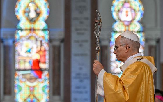 Pope Leo XIV stands with his crosier as he celebrates Mass at the Basilica of St. Augustine in Annaba, Algeria, April 14, 2026. (OSV News/Vatican Media/Simone Risoluti)