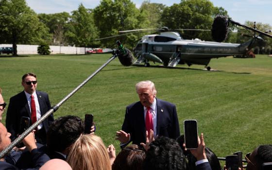 U.S. President Donald Trump speaks to the media as he departs the White House for Las Vegas in Washington April 16, 2026. 
