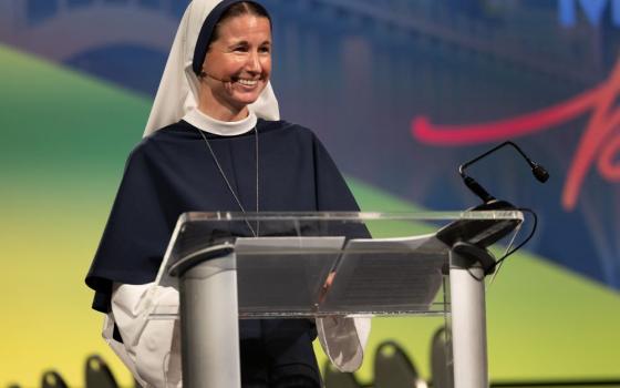Sister Mary Grace of the Sisters of Life in New York gives a keynote address April 9, the final day of the National Education Association Convention at the Minneapolis Convention Center. (OSV News/The Catholic Spirit/Dave Hrbacek)