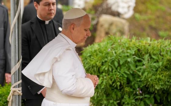 Pope Leo XIV prays during a visit to the archaeological site of Hippo in Annaba, Algeria, April 14, 2026. The site represents the ancient city where St. Augustine, the founder of the pope's religious order, served as bishop in the 4th century. (CNS/Lola Gomez)