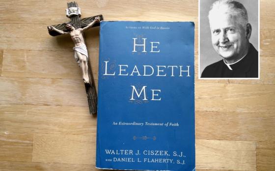 A composite image features the book "He Leadeth Me" by Jesuit Fr. Walter Ciszek and a photo of Ciszek. The Polish American priest ministered for years in Soviet captivity. (OSV News photo/Megan Marley/A.D. Times)