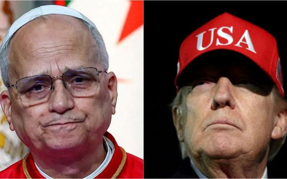 A combination picture shows Pope Leo XIV speaking in at the cultural center of the Great Mosque of Algiers in April 13, 2026, and U.S. President Donald Trump after disembarking Air Force One at Joint Base Andrews in Maryland April 12, 2026. (OSV News/Guglielmo Mangiapane; Reuters/Kevin Lamarque)