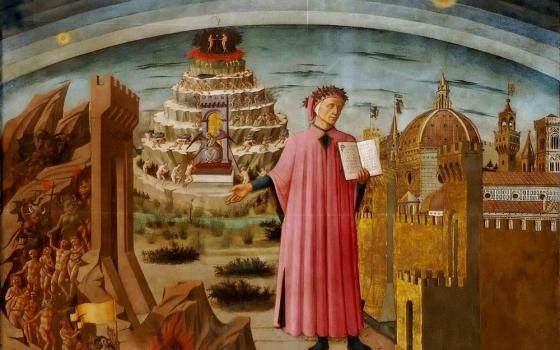 Domenico di Michelino's 1465 fresco at the Cathedral of Santa Maria del Fiore depicts the poet Dante Alighieri holding a copy of "The Divine Comedy," next to the entrance to Hell, the seven terraces of Mount Purgatory and the city of Florence, with the spheres of heaven above. (Wikimedia Commons/public domain/Jastrow)