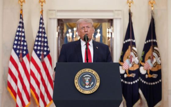 U.S. President Donald Trump delivers a speech at the White House April 1, 2026, about the U.S.-Israeli war with Iran. (OSV News photo/Alex Brandon pool via Reuters)