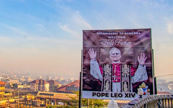 A roadside billboard welcomes Holy Father Pope Leo XIV to Bamenda, Cameroon, April 14, 2026. (AP/Welba Yamo Pascal)