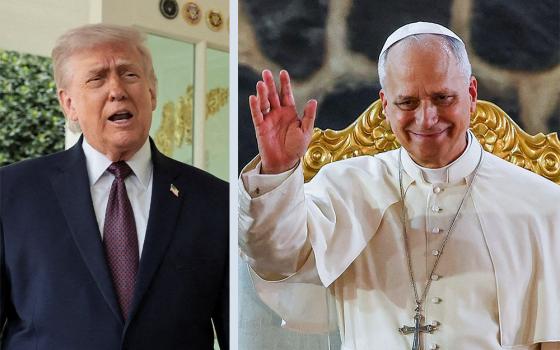 Left: U.S. President Donald Trump speaks with reporters outside the Oval Office at the White House in Washington, April 13, 2026 (OSV News/Reuters/Jonathan Ernst). Right: Pope Leo XIV waves as he attends a Meeting for Peace at St. Joseph's Cathedral in Bamenda, Cameroon, April 16, 2026 (OSV News/Reuters/Guglielmo Mangiapane).