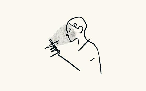 A pen-style illustration shows a person holding what appears to be a smartphone, as a gray bubble emits from the phone to the person's face, against an off-white background. (Unsplash/visuals)