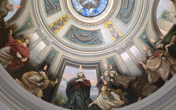 A painting on the ceiling of St. Catherine Church in Spring Lake, New Jersey, depicts the Holy Spirit descending upon the apostles. (CNS/Octavio Duran)