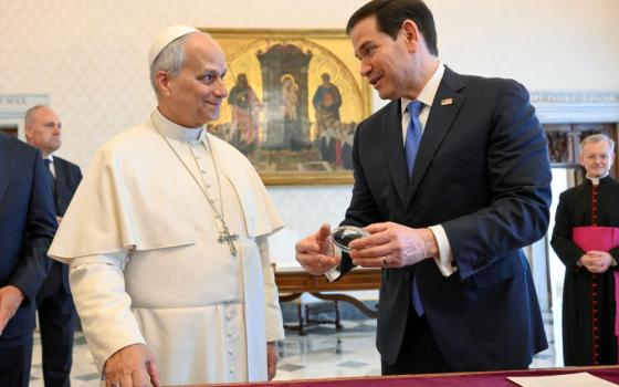 OPE LEO U.S. SECRETARY STATE MARCO RUBIO VATICAN VISIT Pope Leo XIV and U.S. Secretary of State Marco Rubio smile during a private audience at the Vatican May 7, 2026. (OSV News photo/Simone Risoluti Vatican Media)
