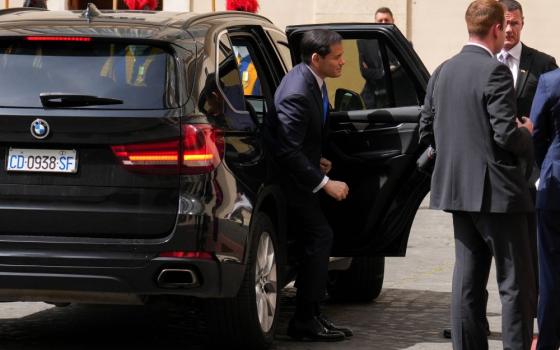 U.S. Secretary of State Marco Rubio steps out of his vehicle after arriving in the San Damaso Courtyard at the Vatican May 7, 2026, for an audience with Pope Leo XIV. (CNS/Lola Gomez)