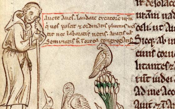 St. Francis preaches to the birds in an illustration from a 13th-century manuscript by Benedictine monk Matthew Paris. (Wikimedia Commons)