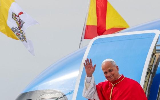 Pope Leo XIV disembarks the papal plane as he arrives at Adolfo Suarez Madrid-Barajas International Airport in Madrid June 6, 2026, to begin his apostolic journey. Leo's June 6-12 visit is the first papal visit to the country since Pope Benedict XVI traveled to Madrid for World Youth Day in 2011. (OSV News/Reuters/Violeta Santos Moura)