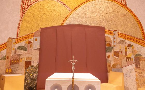 Paper covers the mosaics of Fr. Marko Rupnik July 23, 2024, in the Luminous Mysteries Chapel at the St. John Paul II National Shrine in Washington. (OSV News/Mihoko Owada)