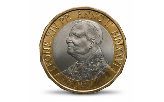 A coin with Pope Leo XIV's portrait is seen in an image from the Governorate of Vatican City State. (OSV News/Courtesy of Governatorato SCV)