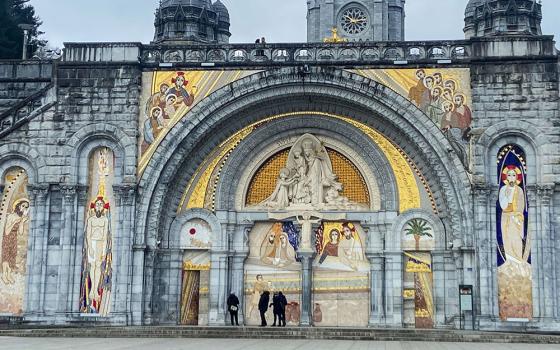 The uncovered facade of the Basilica of Our Lady of the Rosary is seen with mosaics by Fr. Marko Rupnik at the Sanctuary of Our Lady of Lourdes in southwestern France in April 2023. (OSV News photo/courtesy Greg Erlandson)
