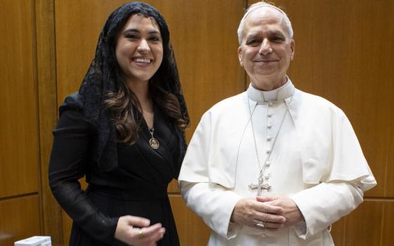 Pope Leo XIV poses with Montse Alvarado, president and chief operating officer of EWTN News, during a private meeting at the Vatican Sept. 5, 2025. Alvarado takes over as prefect of the Vatican's Dicastery for Communication in November. (OSV News/Vatican Media/Catholic Press)