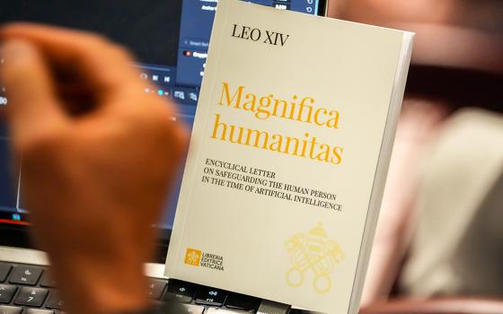 A copy of Pope Leo XIV's first encyclical, Magnifica Humanitas, is seen during a presentation on the document at the Vatican May 25, 2026. (CNS/Lola Gomez)