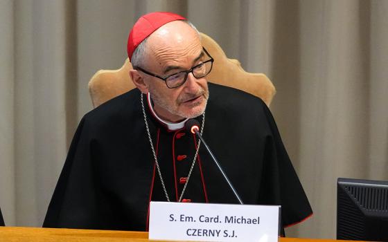Cardinal Michael Czerny, then-prefect of the Dicastery for Promoting Integral Human Development, speaks at a presentation of Pope Leo XIV’s first encyclical, “Magnifica Humanitas: On Safeguarding the Human Person in the Time of Artificial Intelligence,” at the Synod Hall at the Vatican May 25, 2026. (CNS/Lola Gomez)