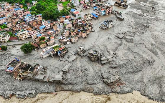 A drone view shows mud covering properties at Trishuli in Nepal's Nuwakot district Aug. 27, 2026, following devastating floods. (OSV News/Reuters/Navesh Chitrakar)