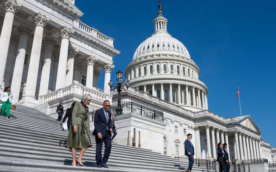 The U.S. Capitol building is seen as Reps. Hakeem Jeffries, D-N.Y., and Katherine Clark, D-Mass., walk down its steps in Washington Sept. 16, 2026. (OSV News/Reuters/Aaron Schwartz)