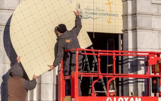 The mosaics on the doors of the facade of the Basilica of Our Lady of the Rosary, at the Sanctuary of Our Lady of Lourdes in southwestern France are being covered in an undated photograph provided by the sanctuary. (OSV News/Courtesy Lourdes Sanctuary)
