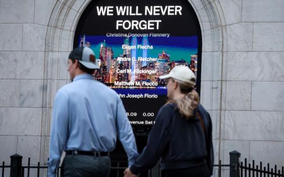 The names of victims scroll across a screen at the New York Stock Exchange in New York City Sept. 11, 2025, on the 24th anniversary of the 9/11 terrorist attacks on the United States. (OSV News/Reuters/Brendan McDermid)
