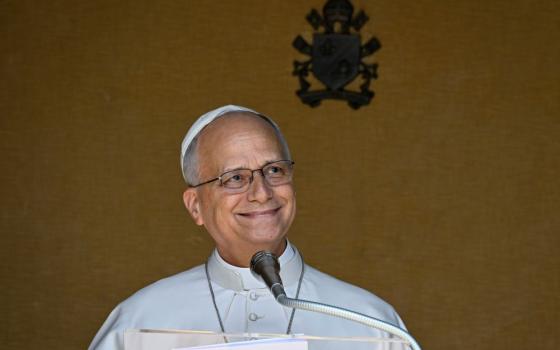 Pope Leo XIV smiles as he leads the Angelus prayer in Piazza della Liberta in Castel Gandolfo near Rome Aug. 30, 2026. (OSV News/Vatican Media)