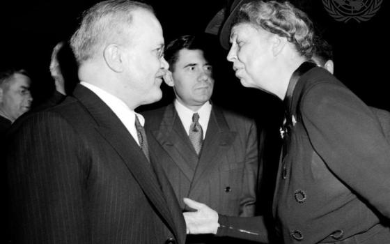 Eleanor Roosevelt (right) speaks with Vyacheslav Molotov, chairman of the Soviet Union's delegation at the first U.N. General Assembly on Oct. 23, 1946. Andrei Gromyko, Soviet ambassador to the United States, is in the background. (UN)