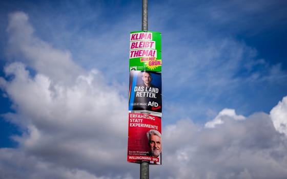 Election posters for the Greens Party, the Alternative für Deutschland party and the Social Democratic Party in the state elections in Saxony-Anhalt are seen in Aschersleben, Germany, Sept. 1, 2026. (AP/Matthias Schrader)