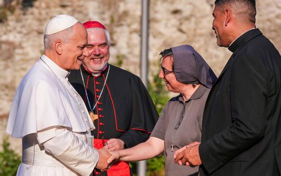 Pope Leo XIV greets Salesian Sr. Alessandra Smerilli, secretary general of the Vatican Dicastery for Promoting Integral Human Development, at Borgo Laudato Si' in Castel Gandolfo, near Rome July 29, 2026. (AP/Alessandra Tarantino)