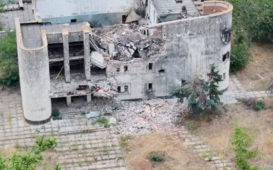 A still image taken from an undated drone video released Sept. 12, 2026, shows a destroyed building in Oleshky, the Kherson region of Russian-controlled Ukraine. (OSV News/Reuters/34th Separate Marine Brigade "Borysfen")