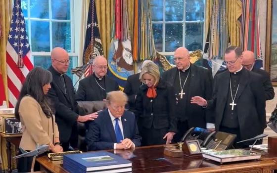 Denver Archbishop James Golka and a group of U.S. bishops pray over President Donald Trump in the Oval Office of the White House in Washington in a video posted on X Oct. 22, 2026, by the administration's communications staff. (OSV News screenshot/@MargoMartin47 on X)