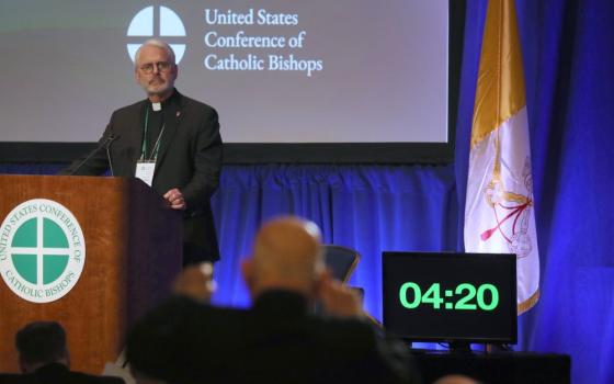 Archbishop Paul Coakley of Oklahoma City, now president of the U.S. Conference of Catholic Bishops, speaks during a Nov. 12, 2024, session of the fall general assembly of the USCCB in Baltimore. The bishops meet Nov. 16-19 in Baltimore. (OSV News/Bob Roller)
