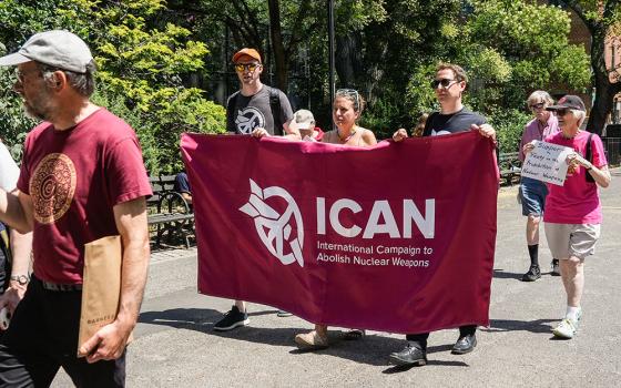 Members of the International Campaign to Abolish Nuclear Weapons participate in a procession during a vigil in New York City Aug. 9, 2025, marking the 80th anniversary of the 1945 atomic bombings of Hiroshima and Nagasaki, Japan. (OSV News/Gregory A. Shemitz)