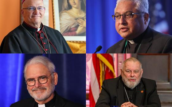 Clockwise from top left: Archbishop Edward Weisenburger of Detroit (CNS/Lola Gomez); Bishop Daniel Garcia of Austin, Texas (OSV News/Bob Roller); Archbishop Thomas Wenski of Miami (OSV News/Courtesy of Georgetown University/Rafael Suanes); Archbishop Paul Coakley of Oklahoma City (OSV News/Bob Roller)