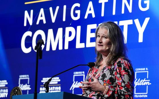 Lisha McCormick, the CEO of Last Mile Health, delivers acceptance remarks during the June 6, 2026, ceremony at the Beverly Hilton that awarded her group the 2026 Conrad N. Hilton Humanitarian Prize. (AP Content Services for Conrad N. Hilton Foundation/Jordan Strauss)