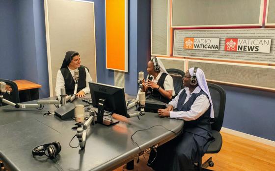 Srs. Rocío García Villegas, Christine Masivo and Angella Rwezaula, participants in the Pentecost Project, are pictured during their communications training at the Vatican News studios in the Dicastery for Communication at the Vatican. (Courtesy of Sr. Rocío García Villegas)