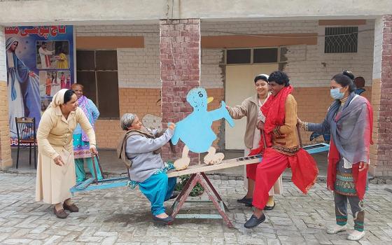 Sr. Mariam Gill (left) leads a sports session with female residents of Dar ul-Karishma (House of Wonders) in Youhanabad, a predominantly Christian district of Lahore, Pakistan. (Kamran Chaudhry)