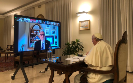 Pope Francis meets with students from North, Central and South America, as well as the Caribbean, during a Feb. 24 virtual dialogue as part of the Synod of Bishops on synodality. (Vatican Media)