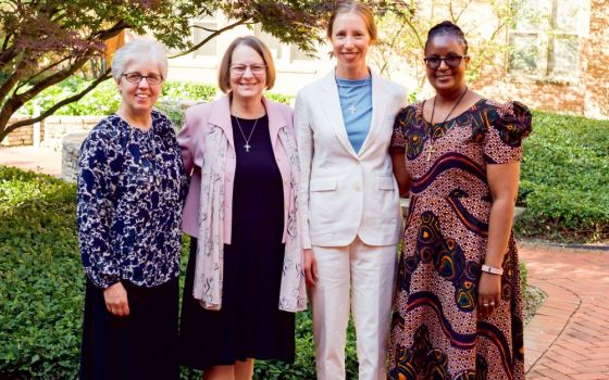 Annie Killian (second from right) is pictured at the Dominican Sisters of Peace motherhouse in Columbus, Ohio, July 3, 2022. With her are sisters in the Collaborative Dominican Novitiate, Hyde Park, Chicago, where she spent her canonical year.