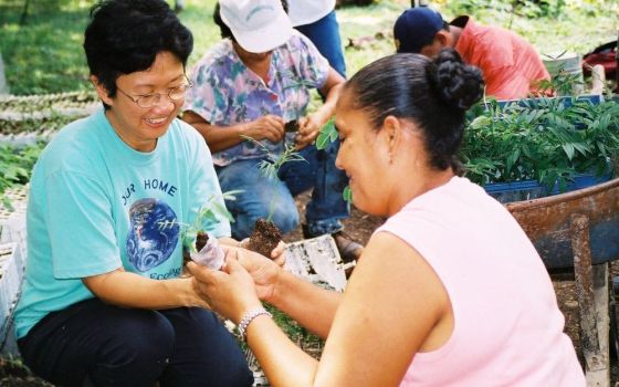 Maryknoll Sr. Joji Fenixm, left, is working to preserve native trees and plant life at a tree nursery at the Maryknoll Sisters Pastoral Care Center in Darien, Panama. 