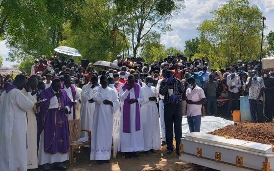 Members of the Archdiocese of Juba, South Sudan, attend the Aug. 20, 2021, burial of Srs. Mary Daniel Abut and Regina Roba, Sisters of the Sacred Heart who were killed when their bus was attacked Aug. 16. (Courtesy of Christy John)