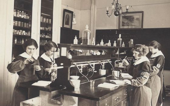 Sr. Bernadette Bryan's chemistry class at Ursuline Academy in Paola, Kansas, in the 1920s. On Aug. 31, the Paola campus' motherhouse officially reopened as Arista Recovery. (Courtesy of the Ursuline Sisters of Mount St. Joseph)