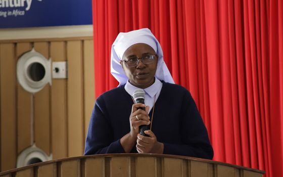 Sr. Bridgita Samba speaks to members of the Hilton Foundation, the Strathmore University Business School faculty and other women religious attending the Sisters' Blended Value Project launch April 27 at the university in Nairobi, Kenya. (Wycliff Oundo)
