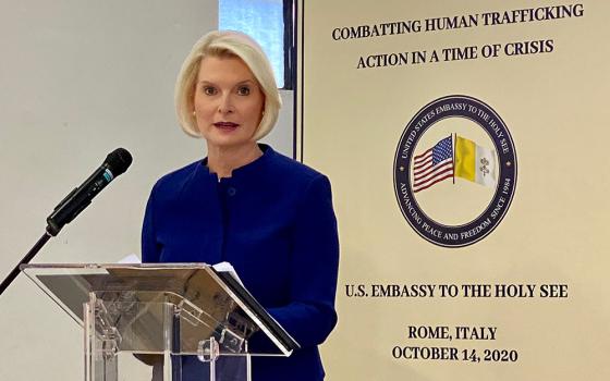 Callista Gingrich, the U.S. ambassador to the Holy See, speaks Oct. 14 at "Combating Human Trafficking: Action in a Time of Crisis," a symposium sponsored by the U.S. Embassy to the Holy See and held at the International Union of Superiors General in Rome