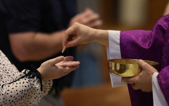 Although there are advantages to online Masses, such as availability of worship at any time, plus the choice of a homilist, there is the "hole" at Communion time. (CNS/The Register/Karen Bonar)