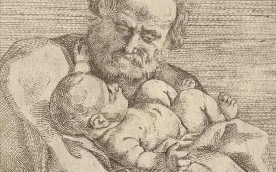 Detail of a 17th-century etching depicting St. Joseph holding the infant Christ, after a painting by Guido Reni (Metropolitan Museum of Art)