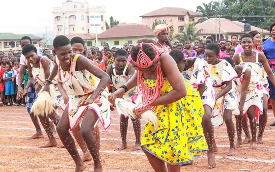 A cultural dance troupe, comprising female students from Annunciation Secondary School, Nkwo, Nike, in Enugu State, Nigeria, dances to traditional Igbo music Feb. 26, 2019. (Wikimedia Commons/Arch-Angel Raphael the Artist)